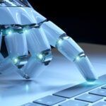 Cyborg hand pressing a keyboard on a laptop 3D rendering