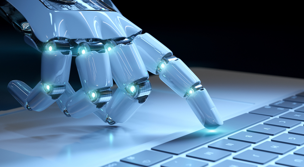 Cyborg hand pressing a keyboard on a laptop 3D rendering
